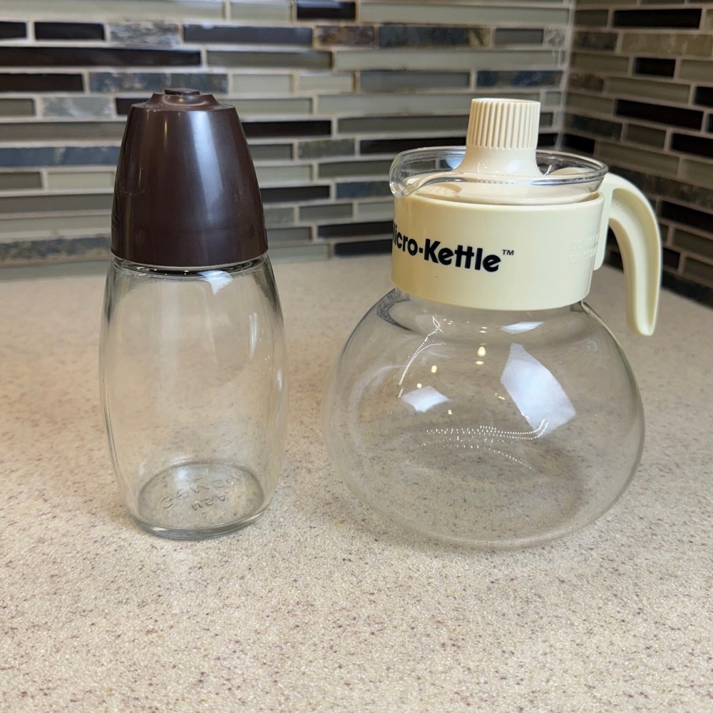 Vintage Gemco‎ Micro-Kettle Heat Resistant Glass Tea Pot & Sugar Pourer Set 6.5"